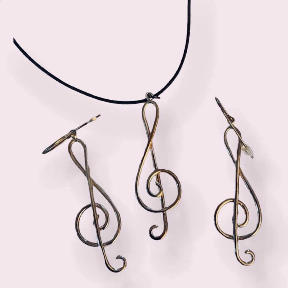 Sterling silver G clef note earrings and necklace. Adjustable cord necklace